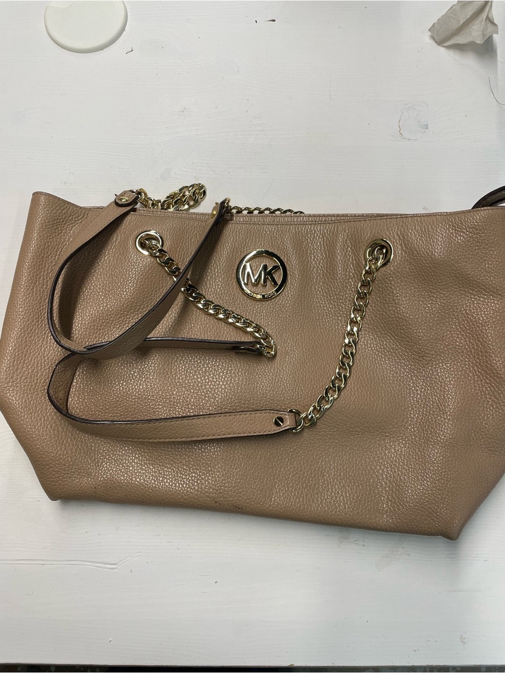 Michael Kors Jet Set Nude Beige Pebbled Leather Chain Tote Shoulder Bag ✨